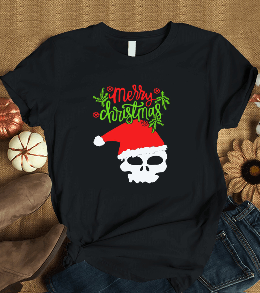 Merry Christmas Cute Skull with Santa Hat and Snowflakes T-Shirt