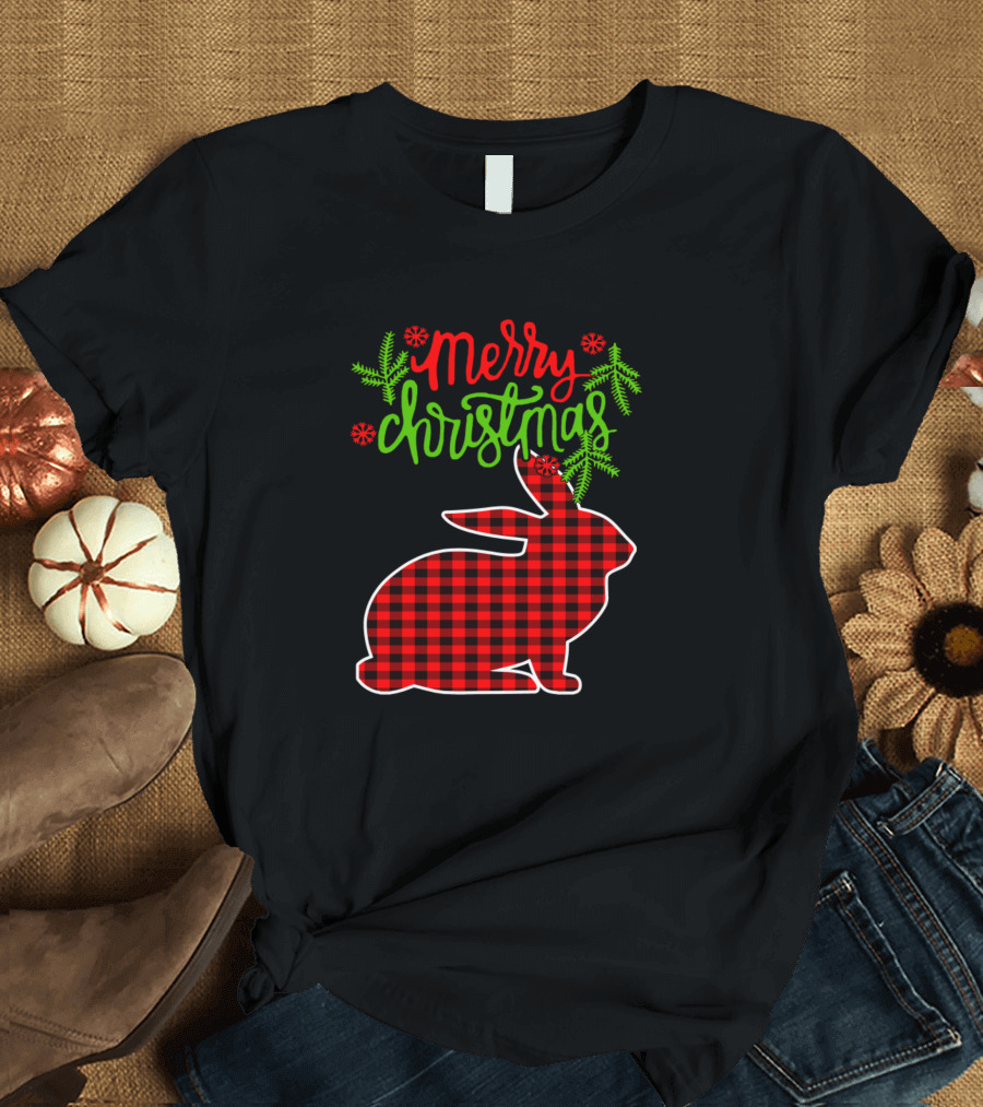 Merry Christmas Red and Black Plaid Rabbit with Green Pine Branches and Red Snowflakes T-Shirt