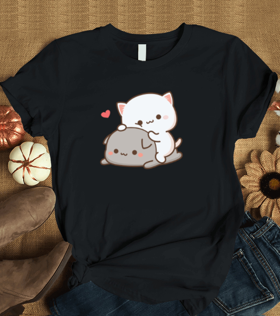 Peach And Goma Cute Cats Adorable White and Gray with Heart T-Shirt