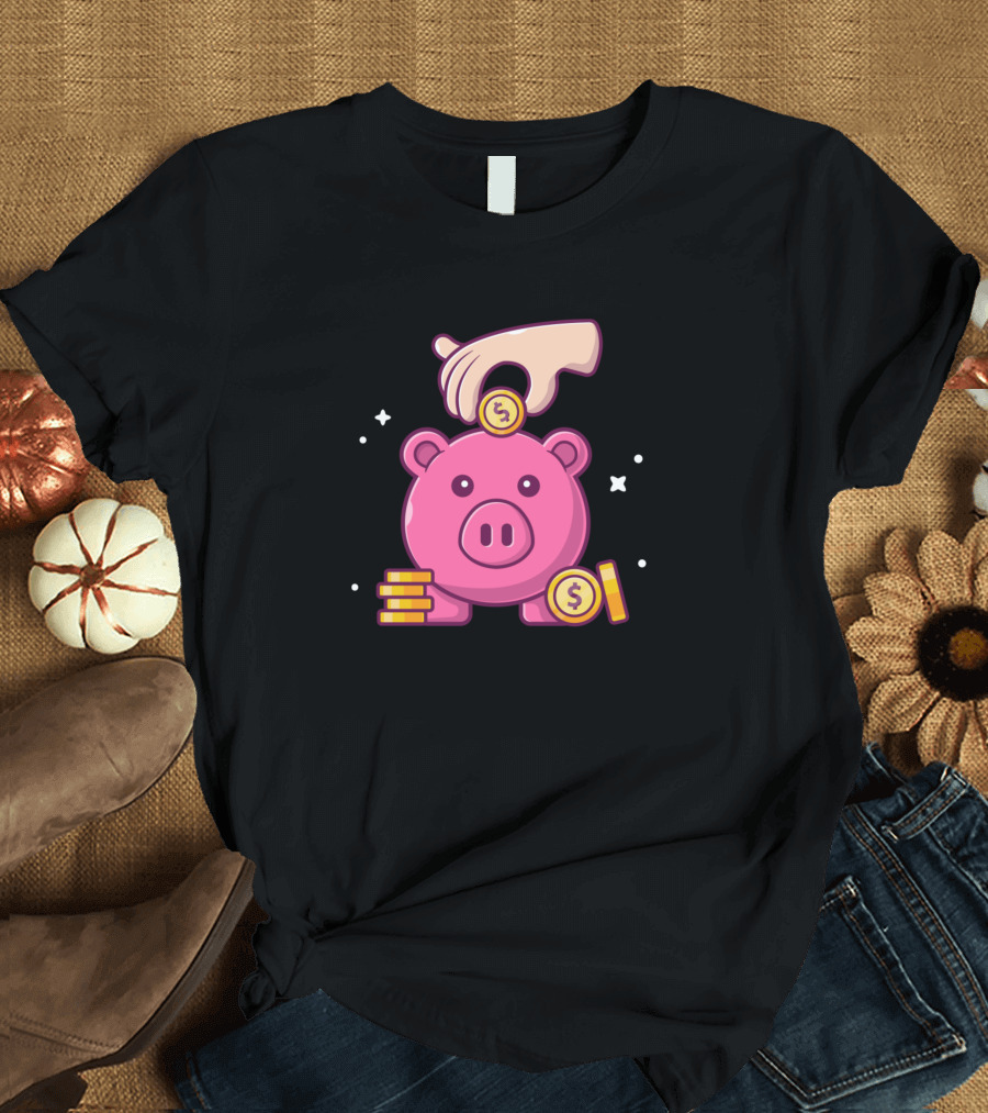 Piggy Bank With Golden Coin Cartoon Money Savings T-Shirt