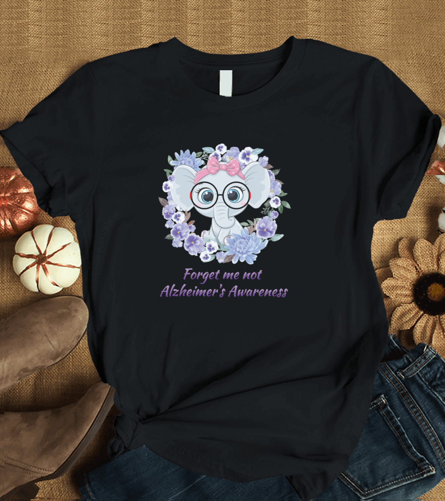 Forget Me Not Alzheimer's Awareness Elephant with Glasses and Flowers T-Shirt