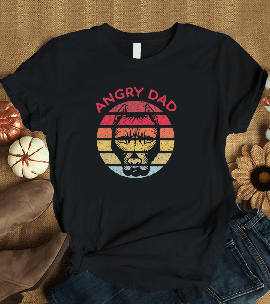 Angry Dad Retro Dog Face in Vintage Stripes T-Shirt