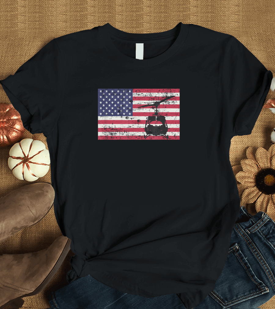 Bell UH1 Huey American Flag Silhouette Patriotic USA T-Shirt