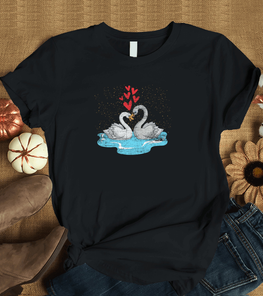 Couple Heart Swan Romantic Love Birds in Water with Floating Hearts T-Shirt