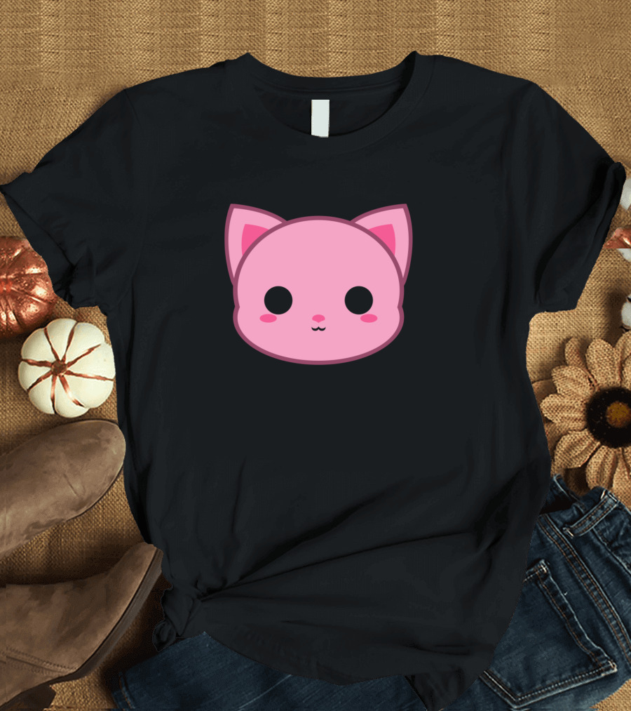 Cute Pink Cat Face with Ears and Whiskers T-Shirt