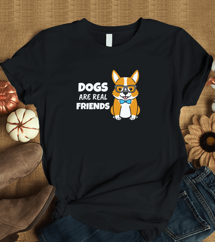 Dogs Are Real Friends Funny Corgi With Bow Tie and Glasses T-Shirt