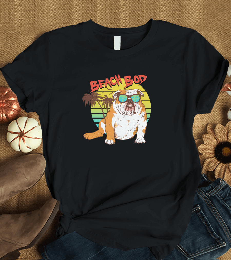 Beach Bod Bulldog with Sunglasses Palms and Sunset Stripes T-Shirt