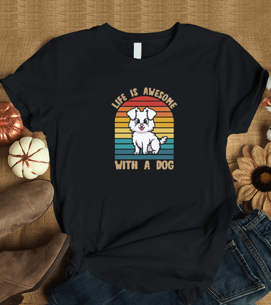 Life Is Awesome With A Dog Retro Rainbow Stripes Cute Cartoon Dog T-Shirt