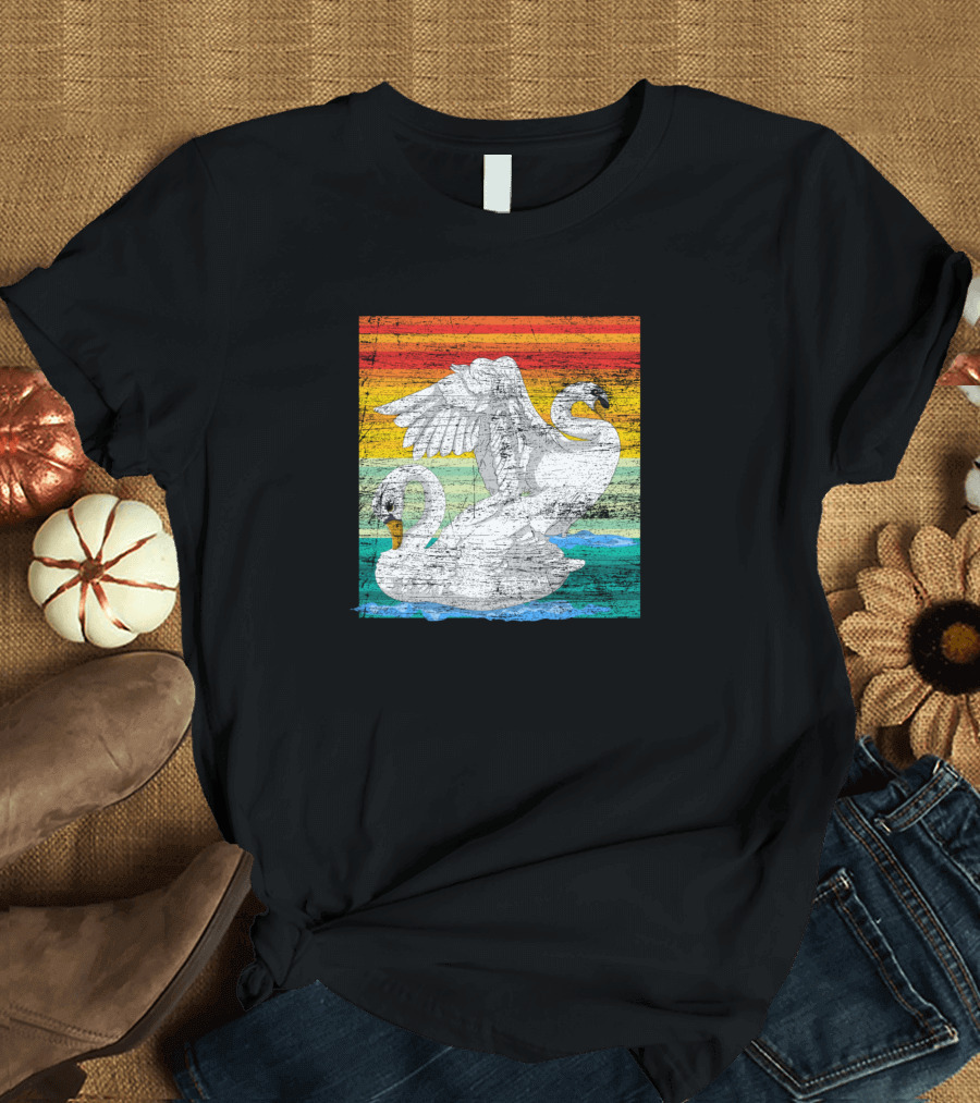 Retro Swan Vintage Colorful Swans Rainbow Background T-Shirt