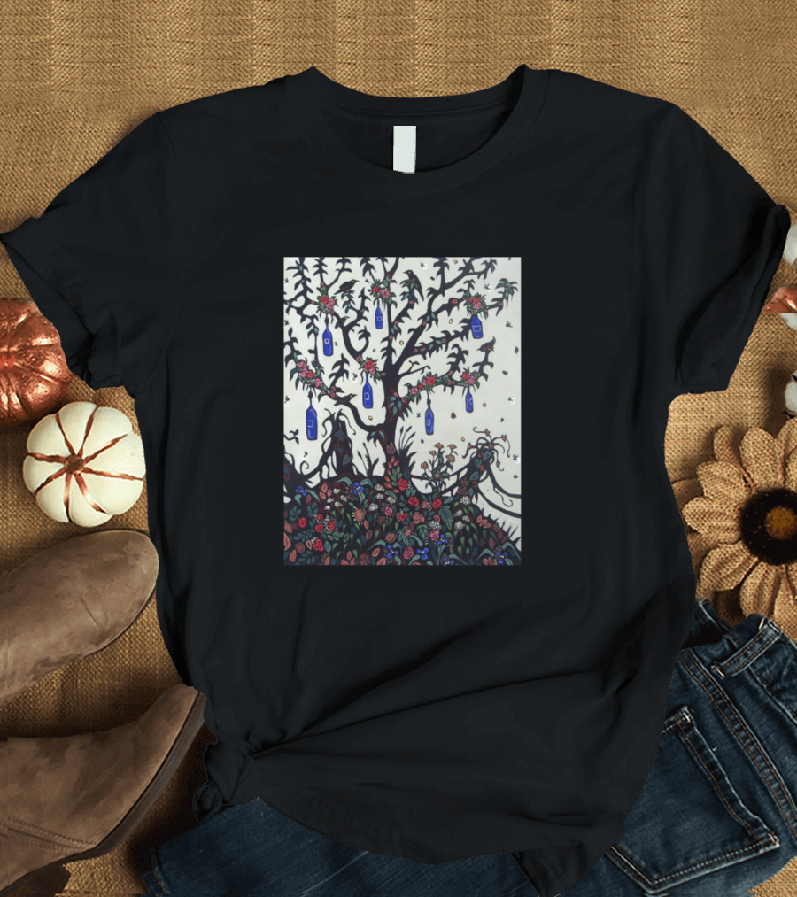 Rose and Blue Bottle Tree with Vibrant Floral Canopy T-Shirt