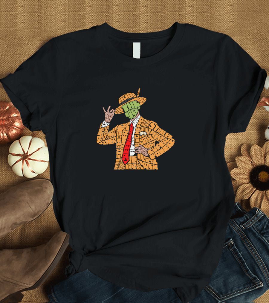 The Mask Jim Carrey Calligram Green Head Yellow Suit Text T-Shirt