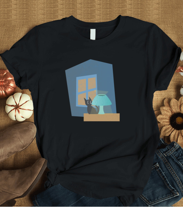 T-Shirt: Cat At Midnight by Window with Lamp T-Shirt Cat At Midnight by Window with Lamp T-Shirt