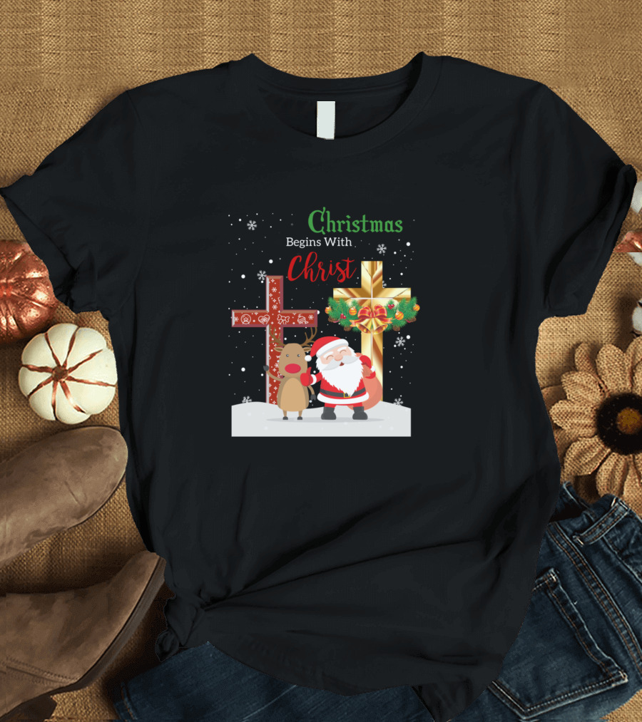 Christmas Begins With Christ Santa and Reindeer with Festive Crosses T-Shirt