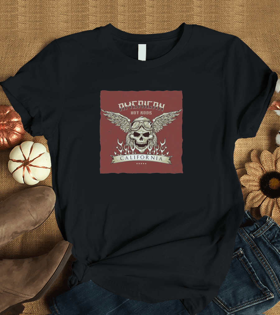 American Hot Rods Driver Skull With Glasses And Wings California T-Shirt