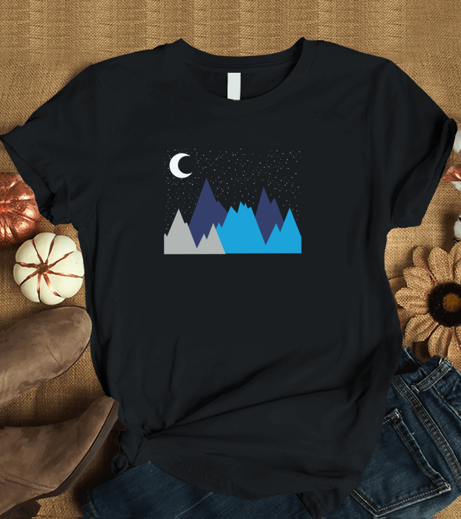 Crescent Moon Over Vibrant Blue and Grey Mountain Peaks in Starry Night Sky T-Shirt