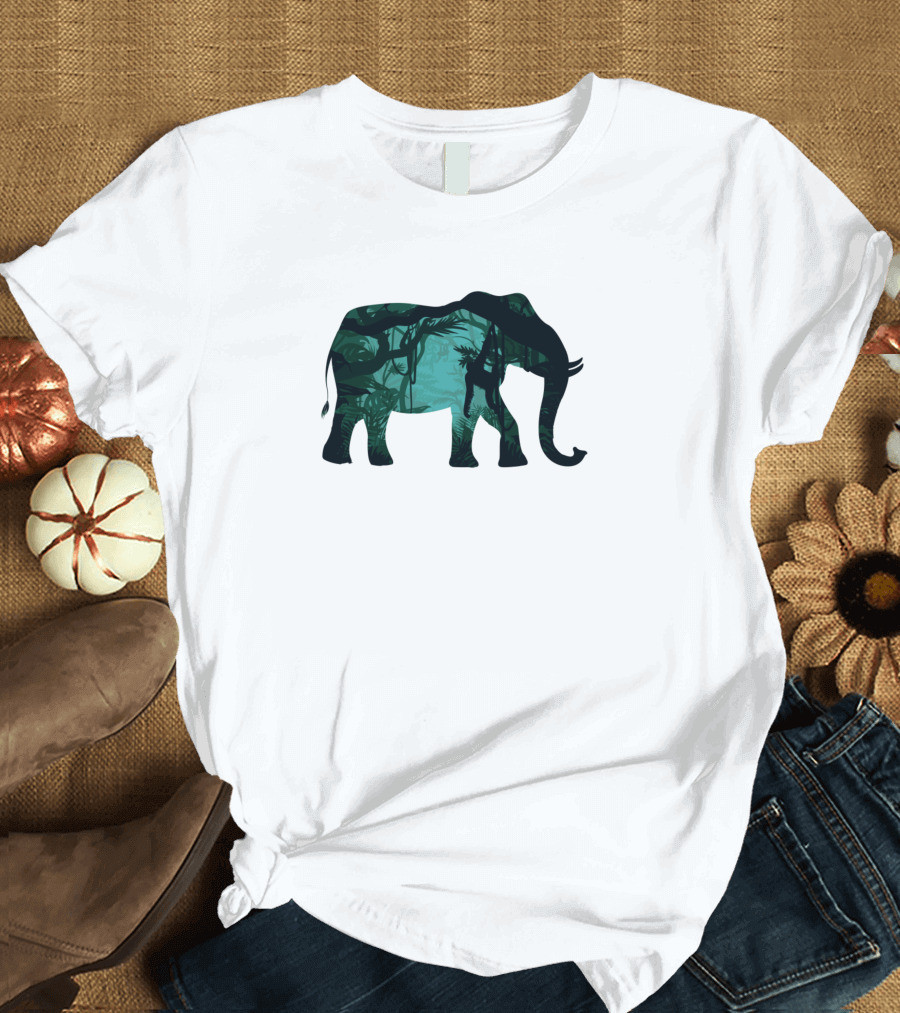 Jungle Elephant Silhouette with Monkey and Foliage T-Shirt