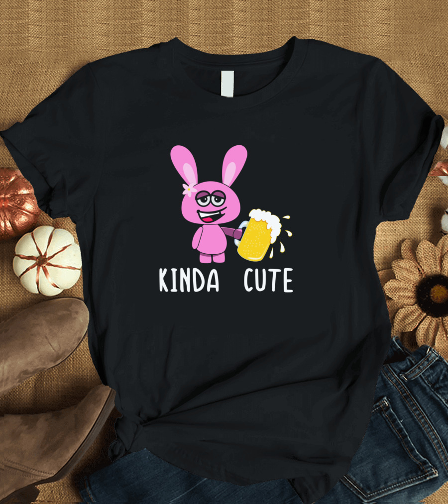 Kinda Cute Pink Rabbit Holding Beer Suspicious Expression T-Shirt
