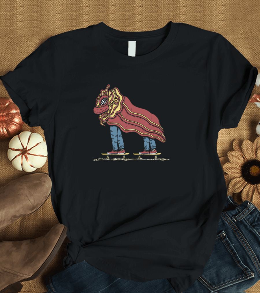 Lion Dance with Skateboard Red Costume Blue Jeans Sneakers T-Shirt