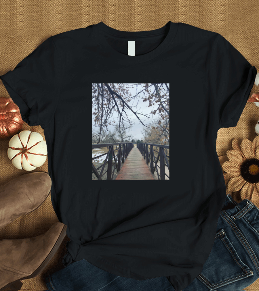 Path in the Woods Bridge Crossing Through Bare Trees and Snowy Landscape T-Shirt