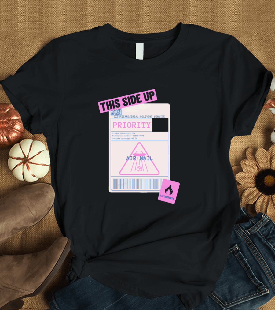 This Side Up Priority Intergalactic Delivery Service Air Mail Lit Contents T-Shirt