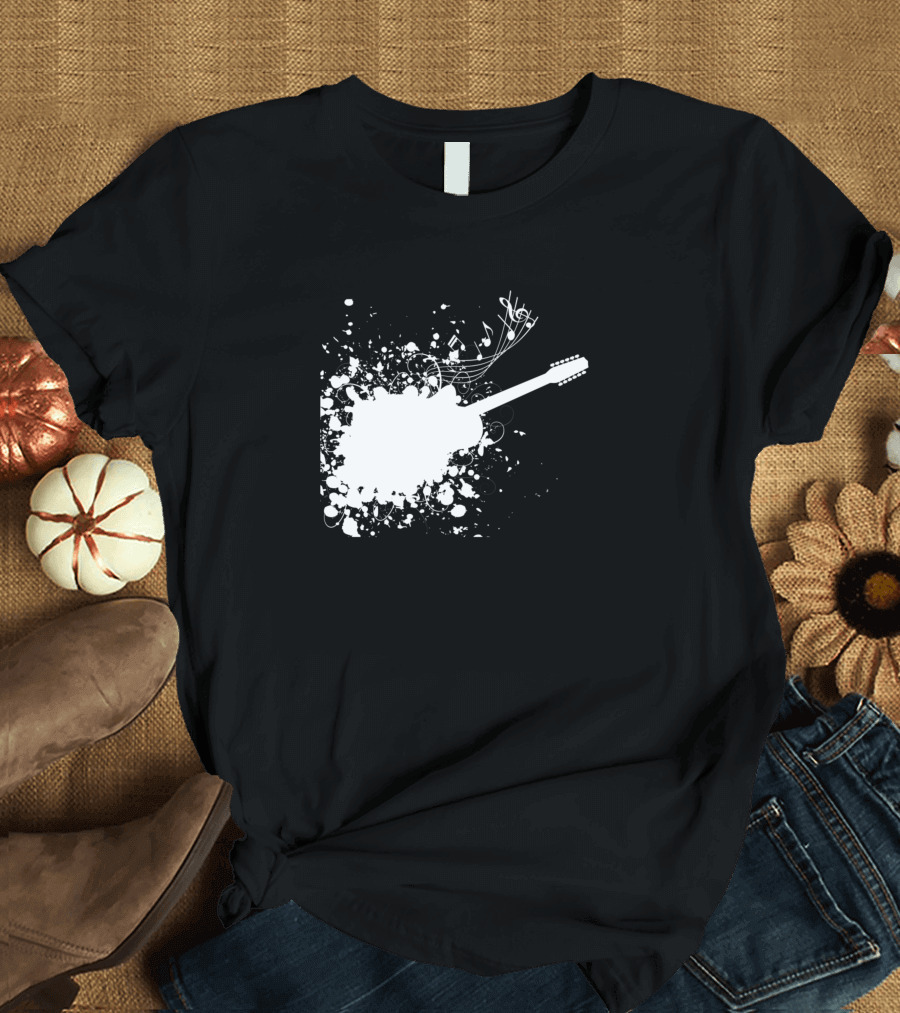 White Guitar Music Splash with Notes and Swirls T-Shirt