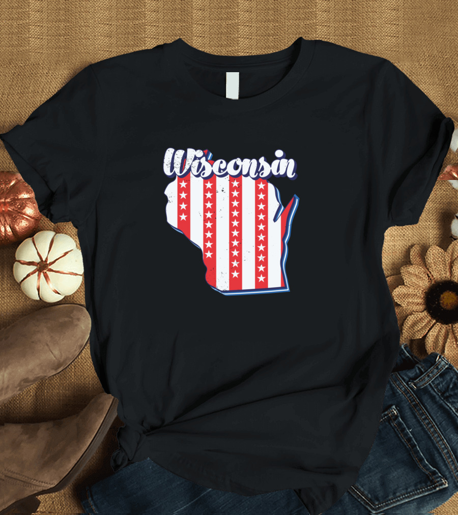 Wisconsin Map Outline American Flag Stars Stripes 4th of July T-Shirt