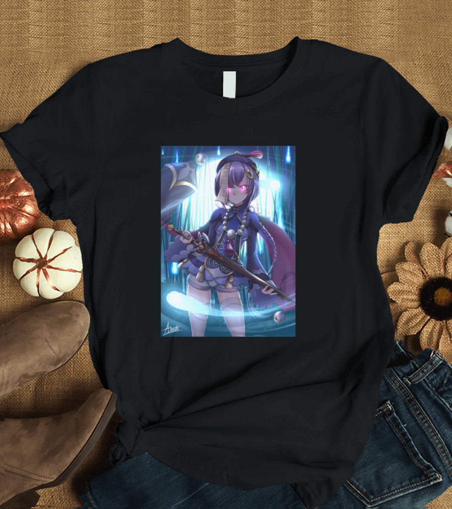Qi Genshin Impact Character Art Polearm Blue Theme Lanterns T-Shirt