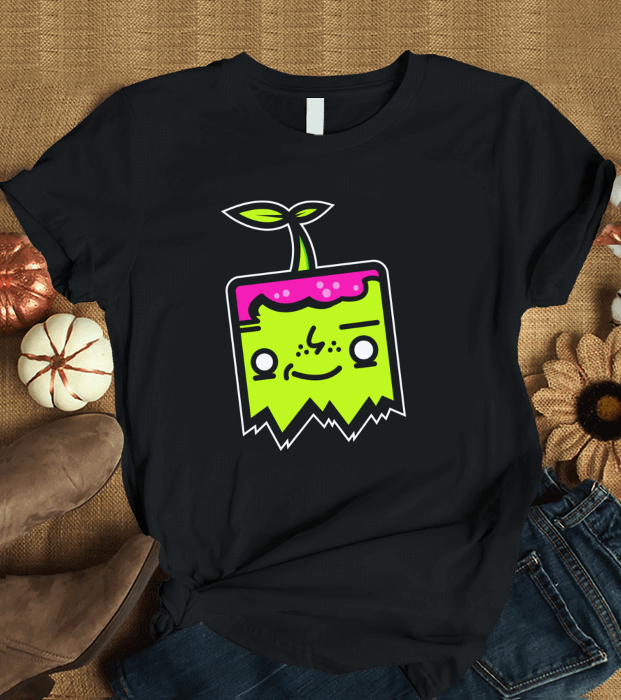 Sprout Mascot Neon Cube Character with Leaf and Pink Top T-Shirt