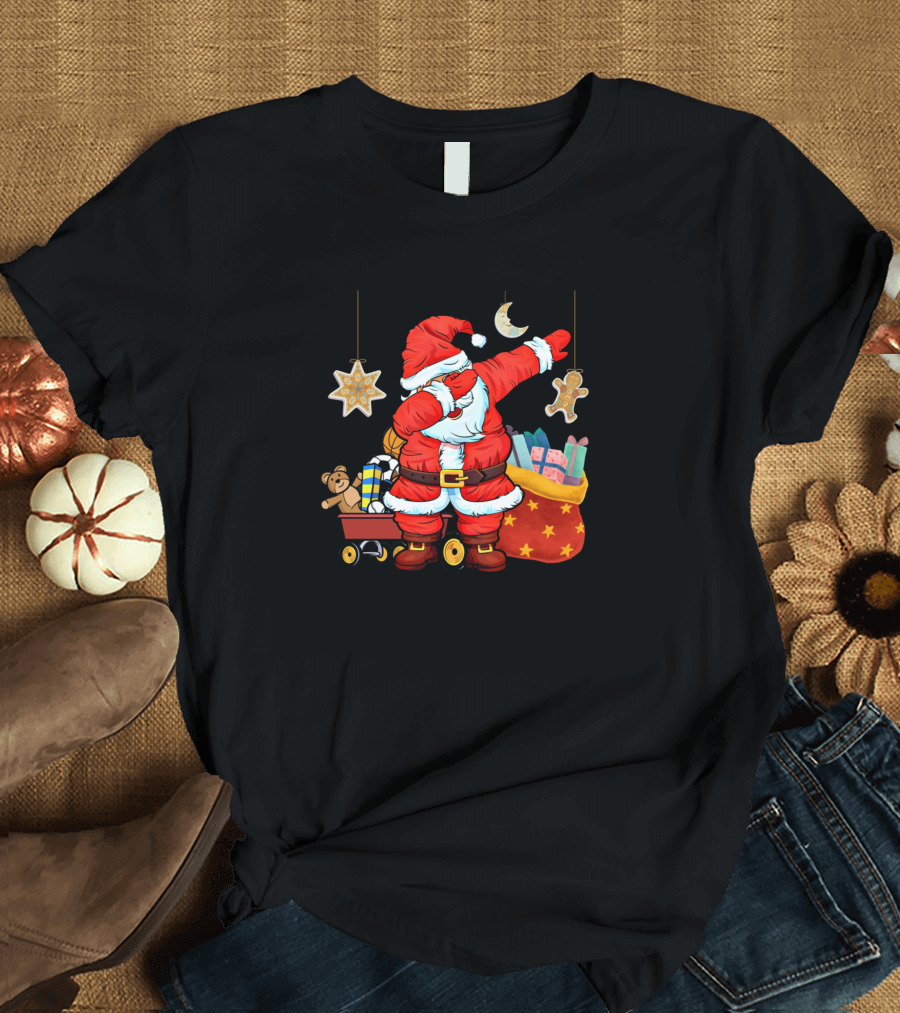Cool Dabbing Santa Claus with Christmas Gifts and Star Decorations T-Shirt