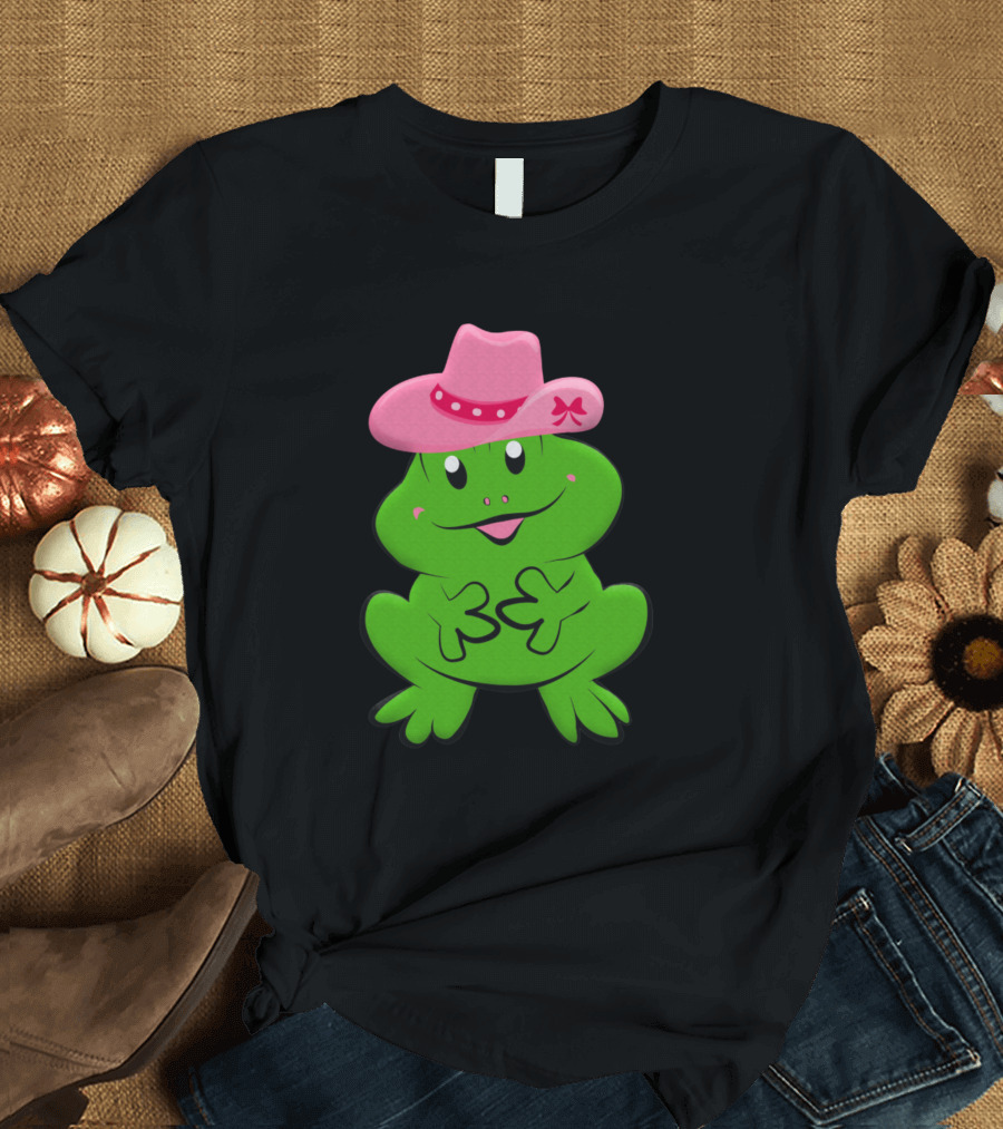 Cowgirl Frog with Pink Hat and Green Smile T-Shirt
