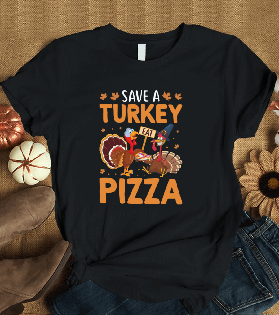 Save A Turkey Eat Pizza Thanksgiving Kids Funny T-Shirt