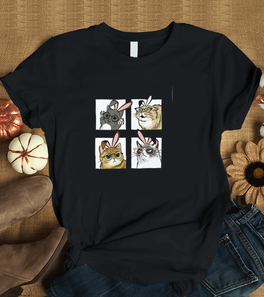 Happy Easter Bunny Ears Cat Face Quartet With Glasses T-Shirt