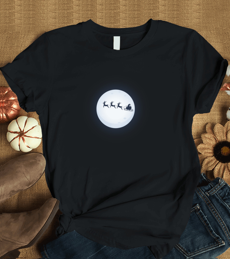 Santa and Reindeer Flying Across the Moon T-Shirt
