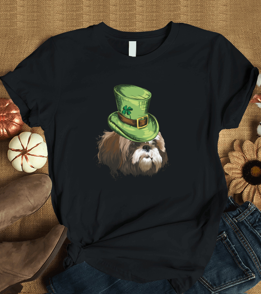 St Patricks Day Dog With Hat Lucky Shamrock T-Shirt