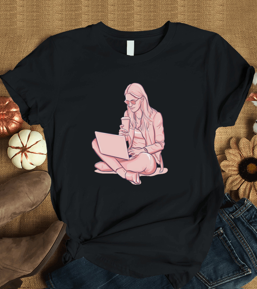 Working Laptop Coffee Break Sitting Woman T-Shirt