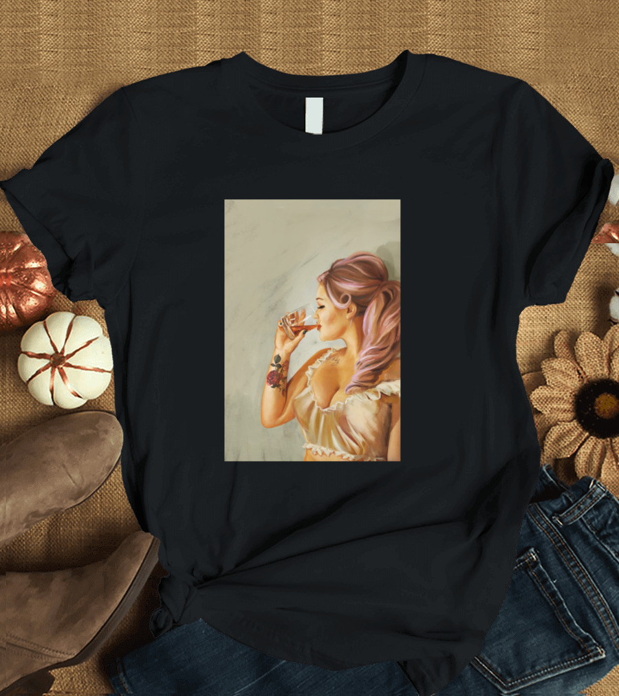 A Sip Of Whiskey Cool Vintage Pinup Girl With Rose Tattoo Drinking T-Shirt