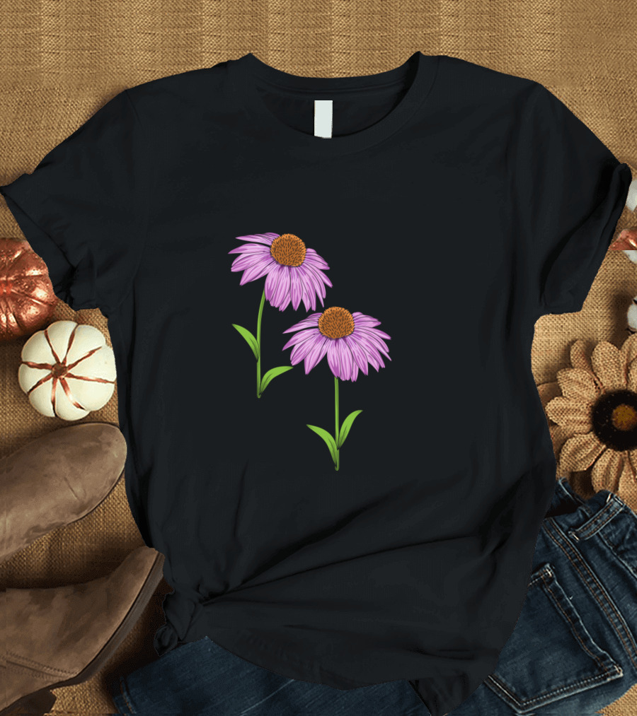 Cone Flowers Botanical Illustration Echinacea Purple Blooms T-Shirt