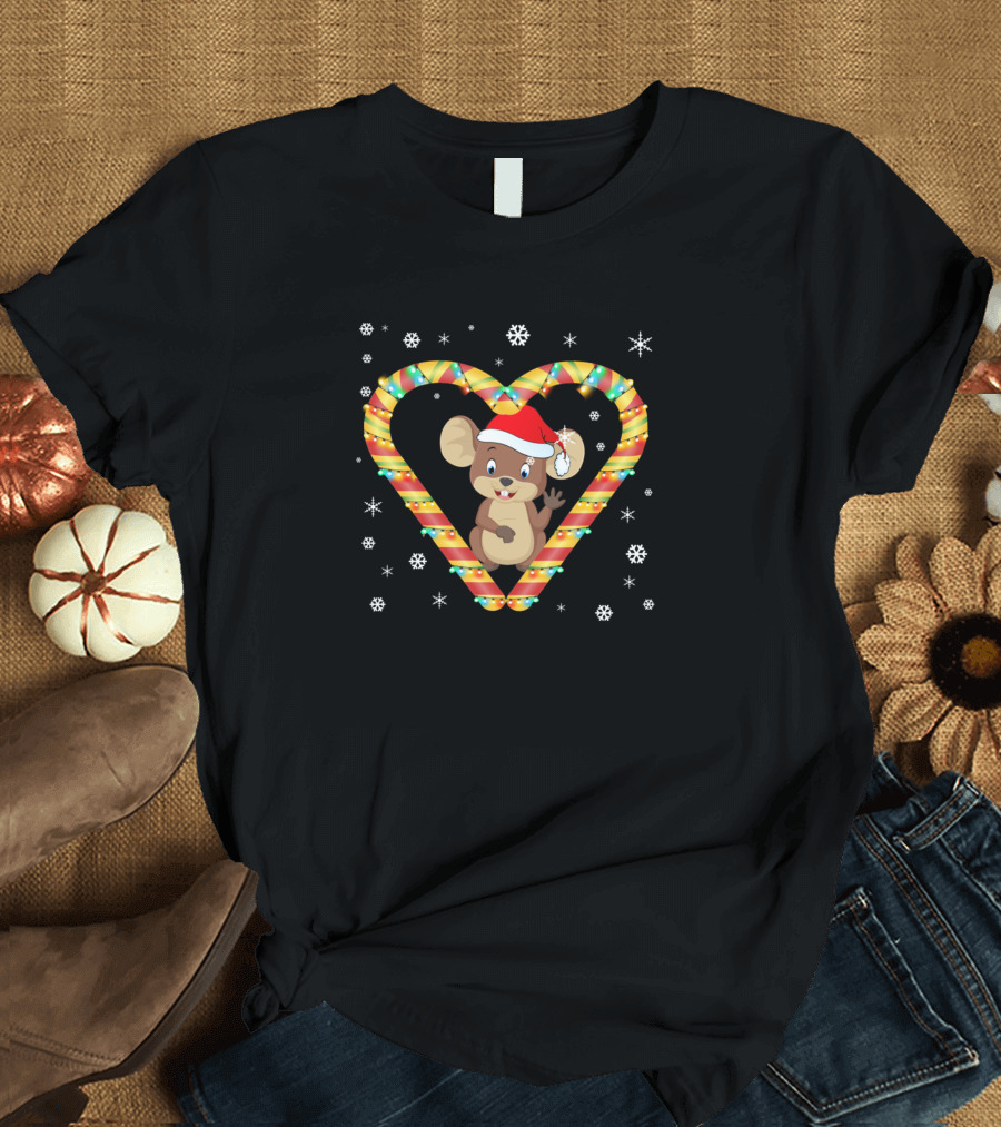 Cute Mouse Santa Hat Candy Cane Heart Funny Christmas Light Snowflakes T-Shirt