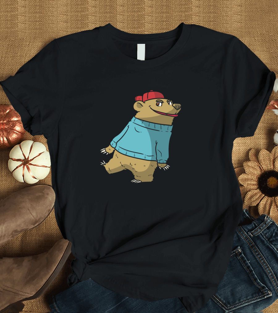 Funny Bear in Red Hat and Blue T-Shirt