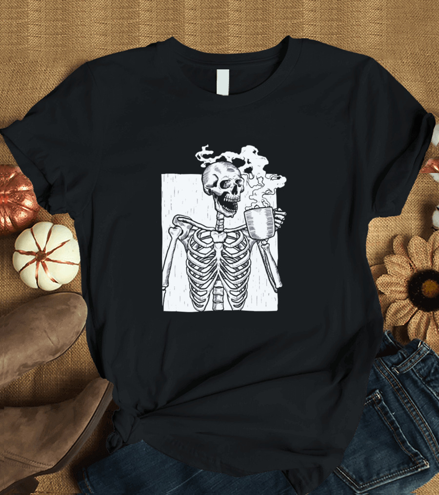 Halloween Coffee Loving Skeleton with Smoking Skull Mug T-Shirt