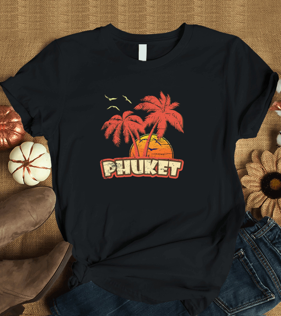 Phuket Vintage Sunset with Palm Trees and Birds T-Shirt