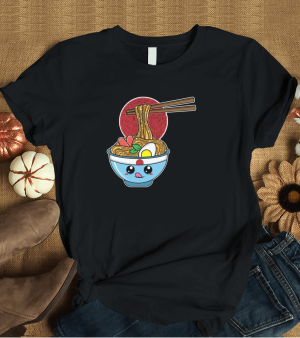 T-Shirt: Ramen Noodles Kawaii Anime Tokio Japan Kitsune Fox Bowl with Chopsticks and Red Circle T-Shirt Ramen Noodles Kawaii Anime Tokio Japan Kitsune Fox Bowl with Chopsticks and Red Circle T-Shirt