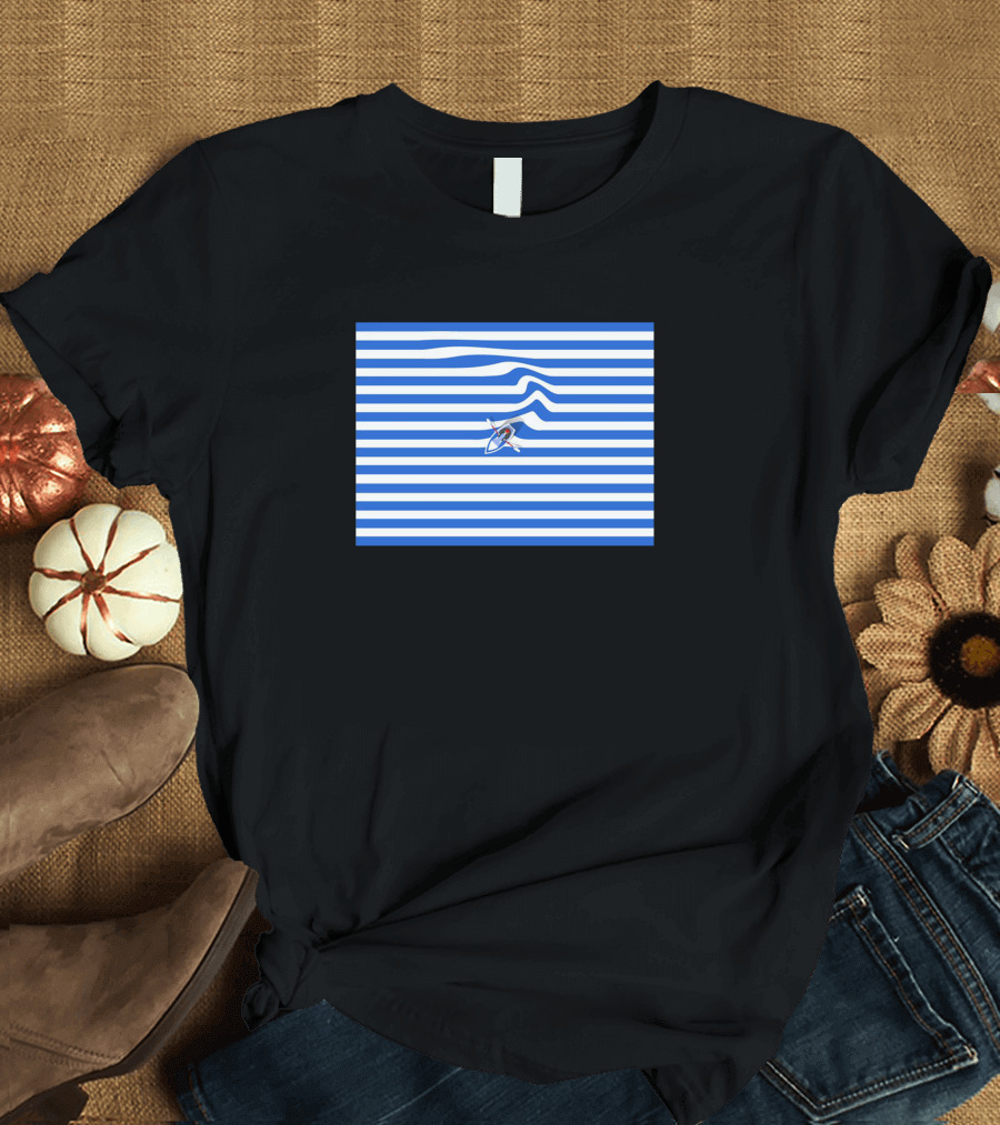 Small Ship on Blue and White Striped Ocean Waves T-Shirt