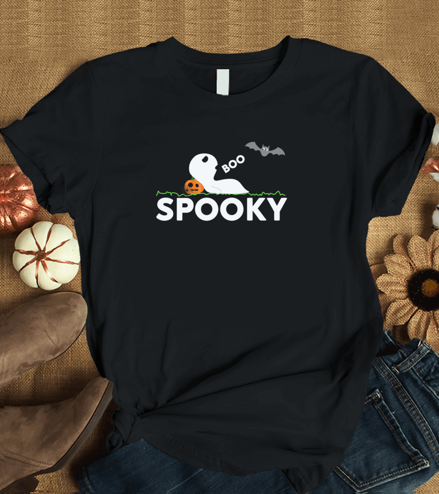 Spooky Ghost Boo Lying on Grass with Pumpkin and Bat Halloween I Love T-Shirt