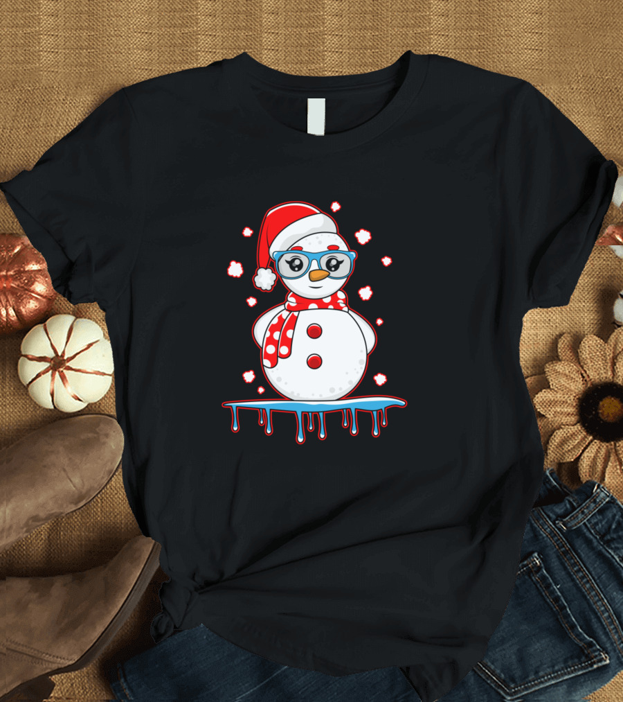 Ugly Christmas Snowman with Santa Hat and Glasses T-Shirt