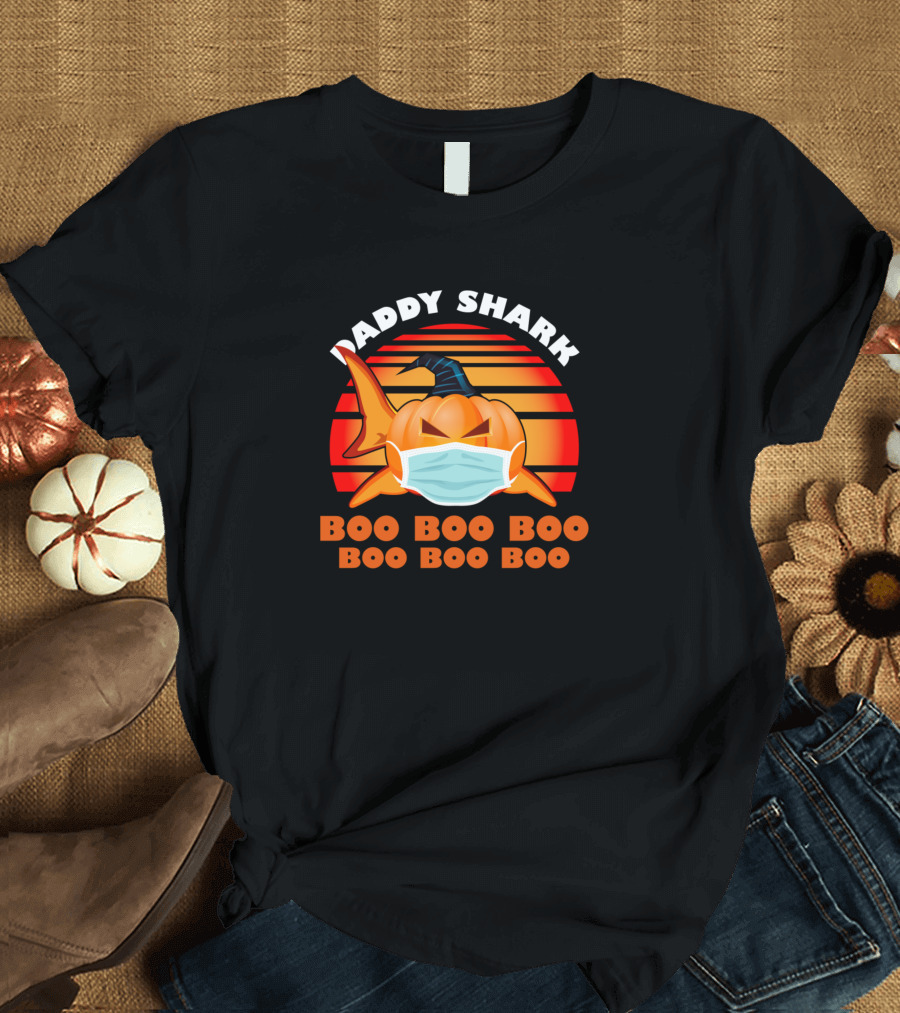 Daddy Shark Pumpkin Boo Boo Boo Mask Halloween Moon T-Shirt