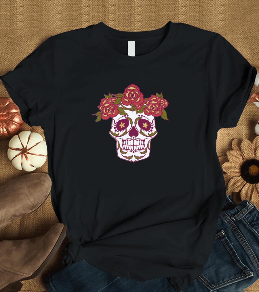 Day of the Dead Sugar Skull with Red Roses T-Shirt
