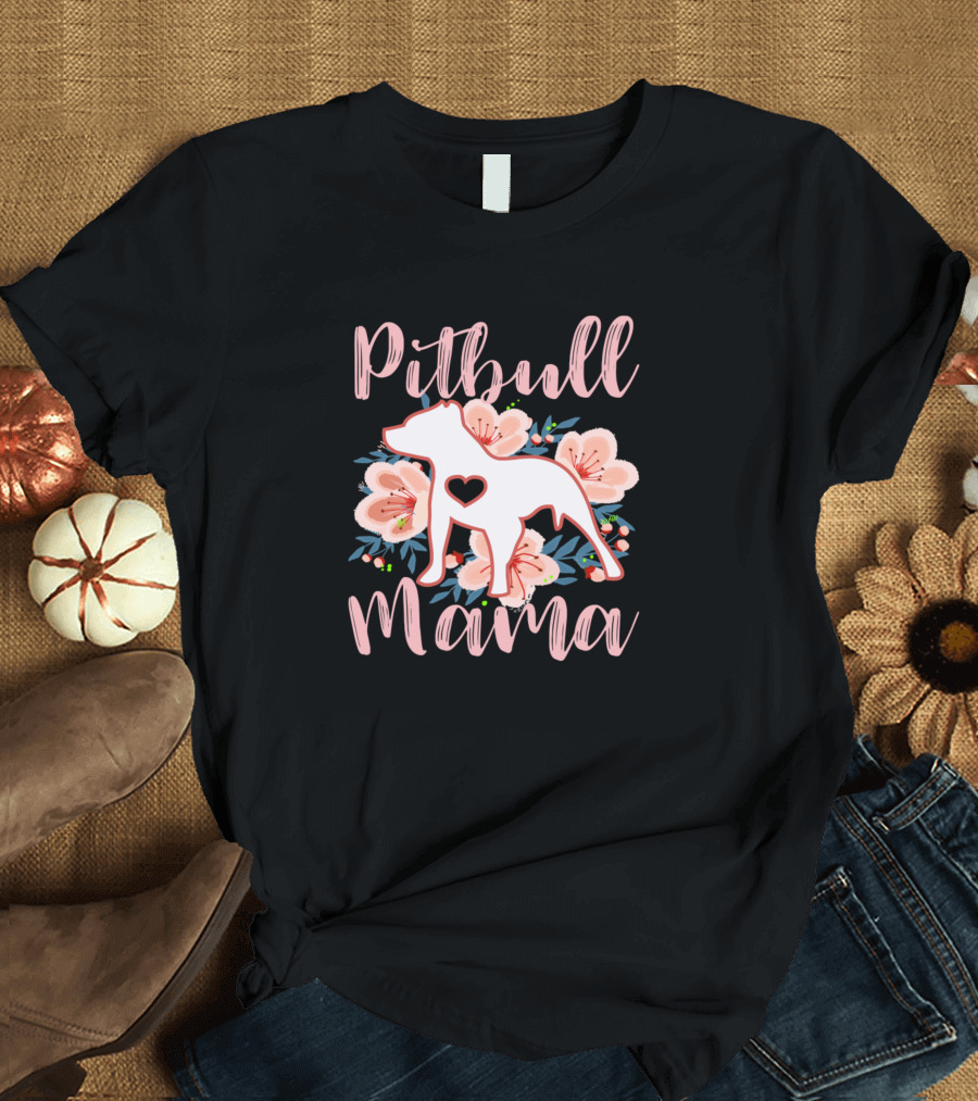 Pitbull Mama Heart Silhouette with Floral Background T-Shirt