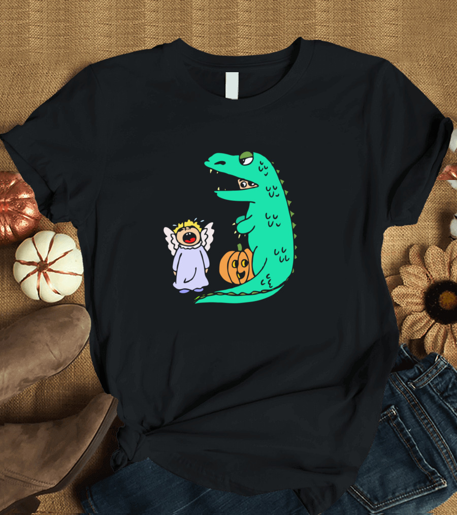 Funny Halloween Angel Costume with Dinosaur Eating Candy T-Shirt