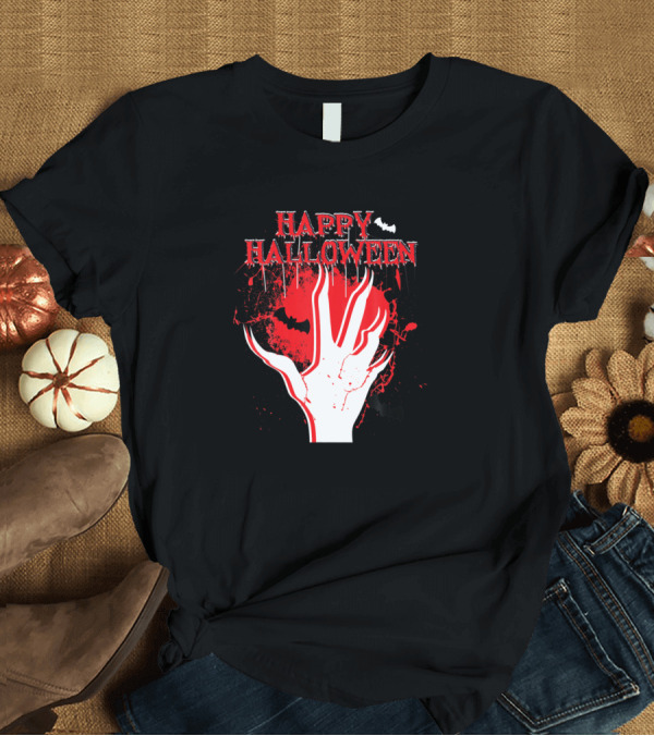 T-Shirt: HAPPY HALLOWEEN Zombie Hand with Bats and Red Splatter T-Shirt HAPPY HALLOWEEN Zombie Hand with Bats and Red Splatter T-Shirt